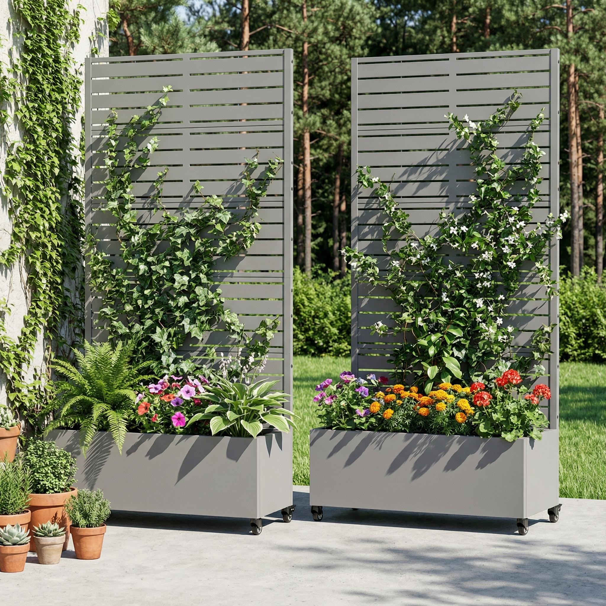 Metal Planter Box with Trellis Privacy Screen Planter Box with Lockable Wheels Set of 2