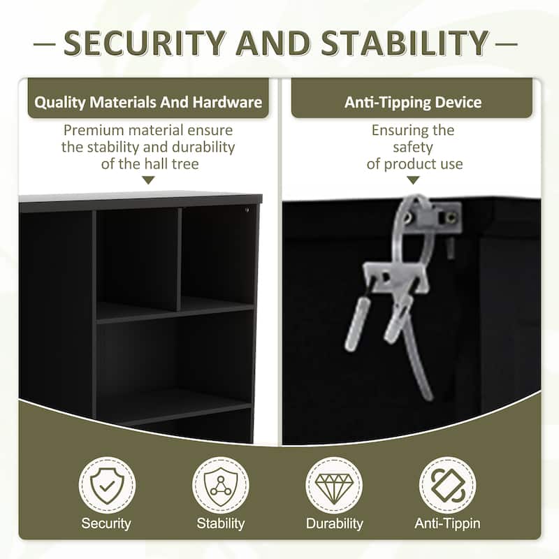 Multi-functional Hall Tree with Storage Shelves Drawers and Cabinet, Elegant Hallway Shoe Cabinet with Bench, Modern Coat Rack