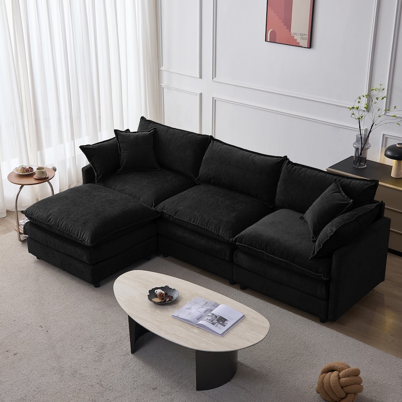 Chenille Upholstered L-shaped Sectional Sofa 3 Seater Modular Couch with Ottoman, Pillows and Double Layer Seat Cushions