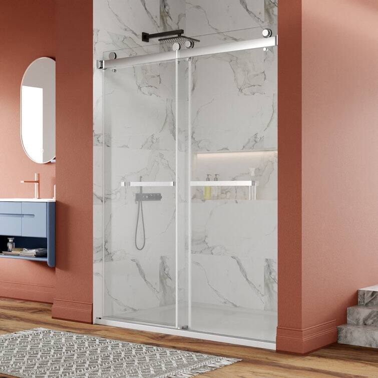 DeerValley 56" - 60" W x 76" H Double Sliding Frameless Shower Enclosure, Stainless Steel Accessories - Chrome