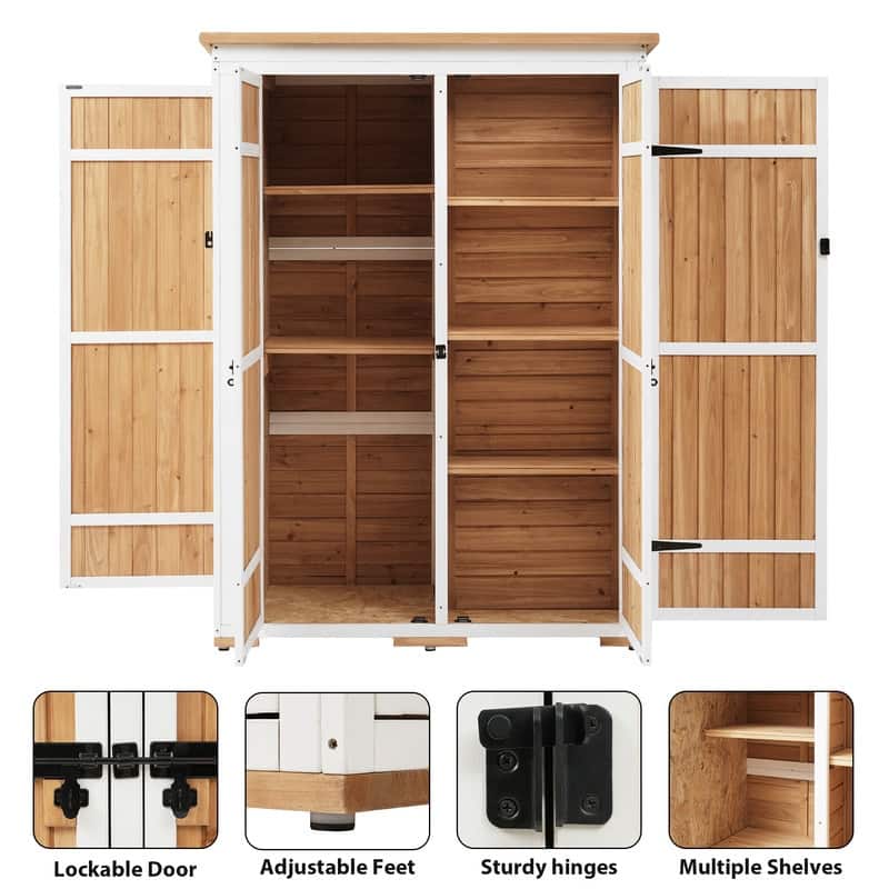 5.5ft Hx4.1ft L Outdoor Wooden Storage Shed With Waterproof Asphalt Roof, Four Lockable Doors, And Multi-Tier Shelves
