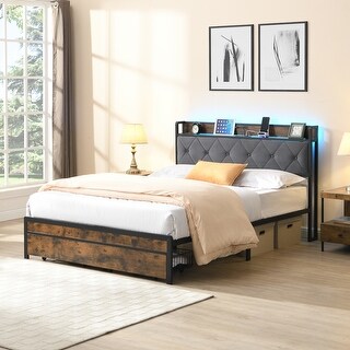 King Bed Frame with Storage LED Lights Upholstered Headboard 2 Drawers ...