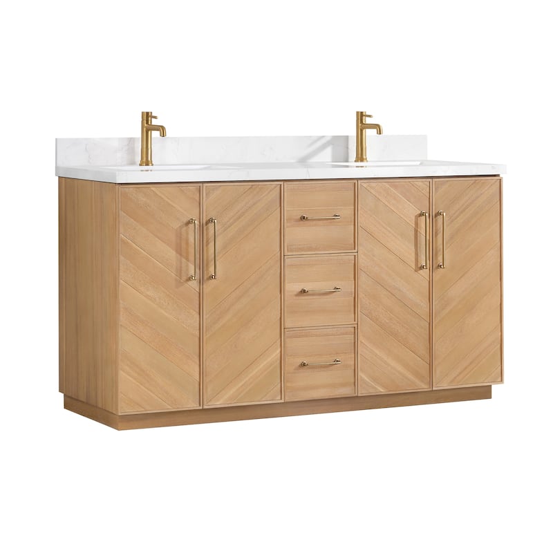 Karachi Bath Vanity with White Grain Stone Top, no Mirror - 60" Double Sink - Acacia Classic Gray