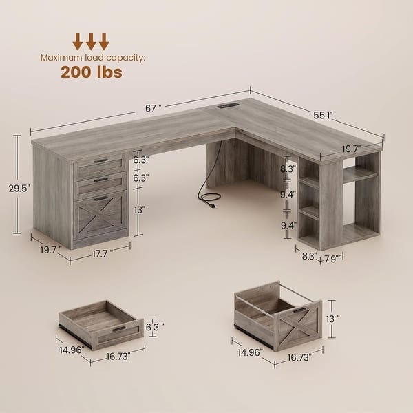 dimension image slide 14 of 30, Farmhouse Executive L Shaped Desk Home Office Desk with Drawers and Storage Cabinet & Power Outlet