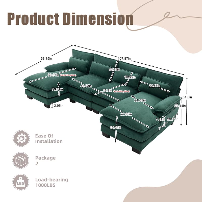 HOMEFUN Chenille Upholstered U-Shaped Modular Wood Frame Sleeper Sectional Sofa with Double Chaise
