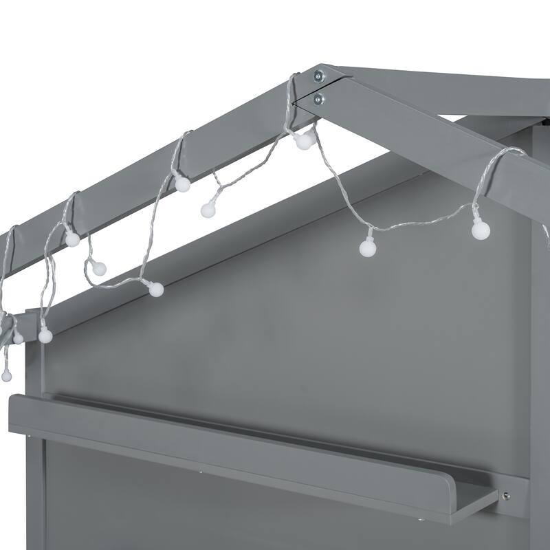 Twin Size House Bed with Upholstered Sofa, House Bed with Charging Station