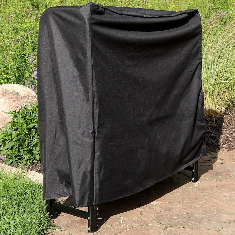 Sunnydaze Black Steel Outdoor Firewood Log Rack with Black Cover - 4-Foot