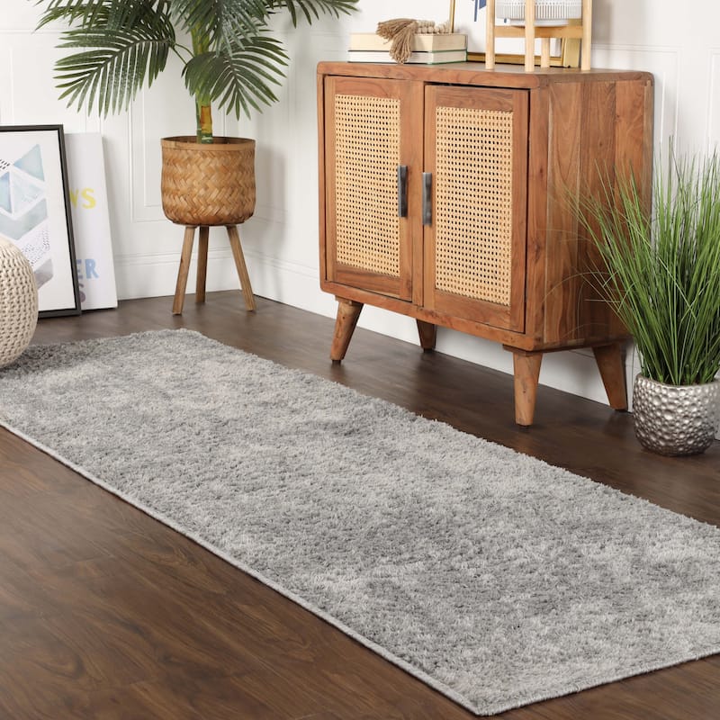 Superior California Shag Solid Plush Non-Slip Indoor Runner or Area Rug - 2' 7" x 8' - Silver