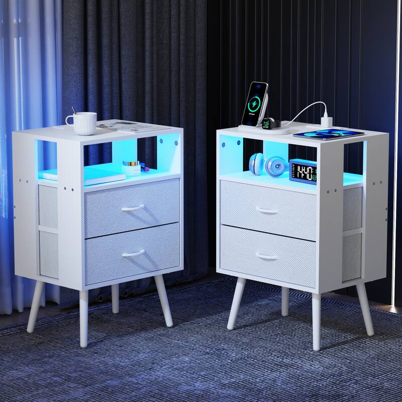 2 Pack Modern LED Nightstand with Charging Station and Fabric Drawers - White