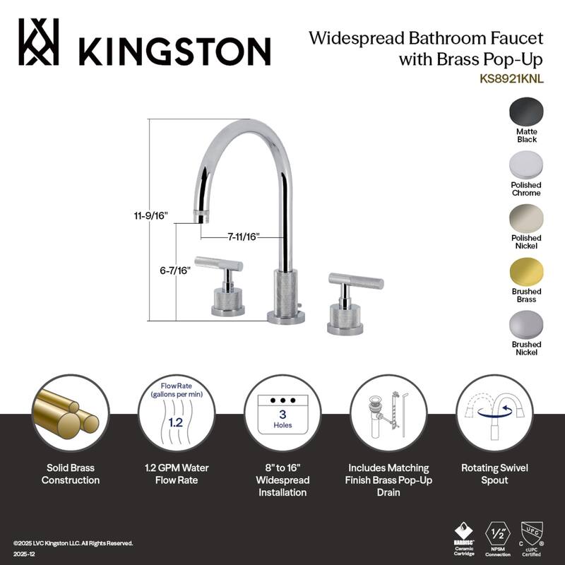 Kingston Brass Convergent Widespread Bathroom Faucet with Knurled Handle and Brass Pop-Up
