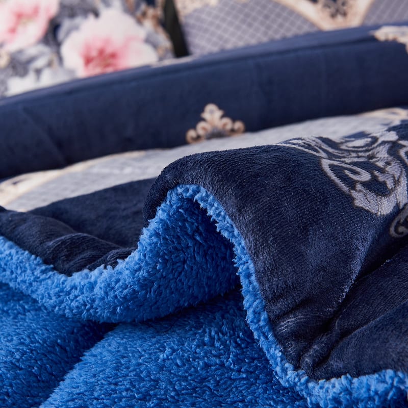 3-Piece Floral Printed Sherpa-Backing Reversible Comforter Set