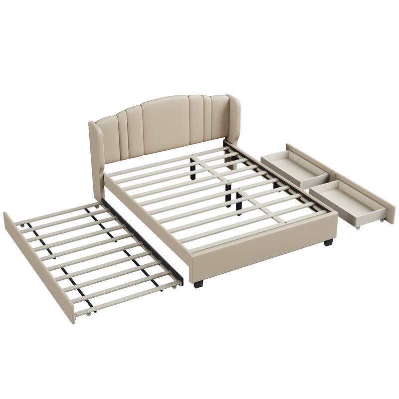 Queen Size Upholstered Bed Frame with Wingback Headboard Trundle and 2 Drawers, Center Support Legs Platform Bed Frame