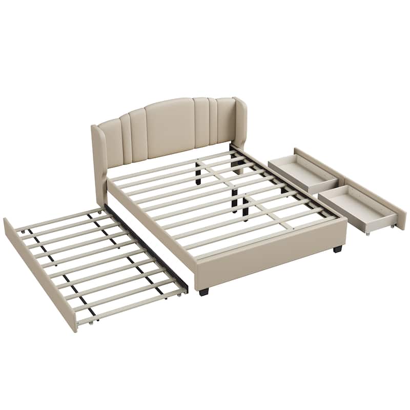 Upholstered Platform Bed with Wingback Headboard, Twin Trundle and 2 Drawers
