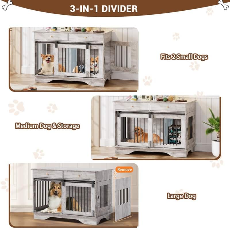 Wooden Dog Crate Kennel Furniture with Barn Door 2 Storage Drawers Removable Divider