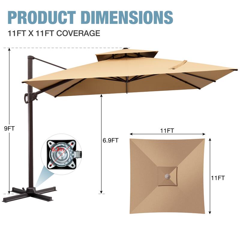 VredHom 11x11 FT Outdoor Patio Double Top Cantilever Offset Umbrella