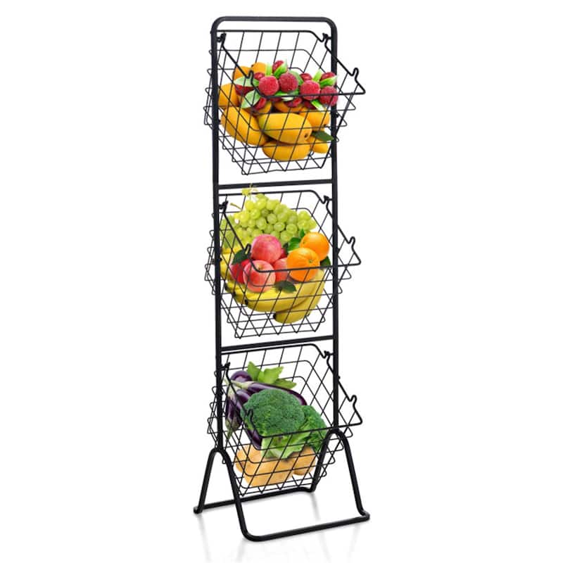 3-Tier Black Steel Kitchen Counter Fruit Basket Stand with Removable Wire Baskets - 12" x 11" x 42.5"(L x W x H)