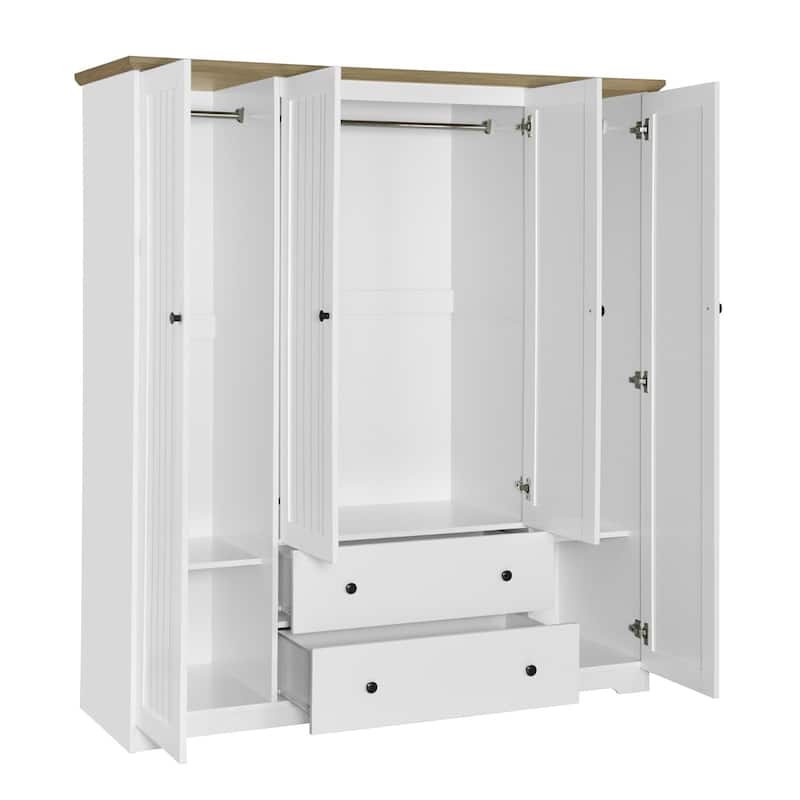Roomfitters 4-Door Wardrobe Armoire with 2 Drawers and Hanging Rail