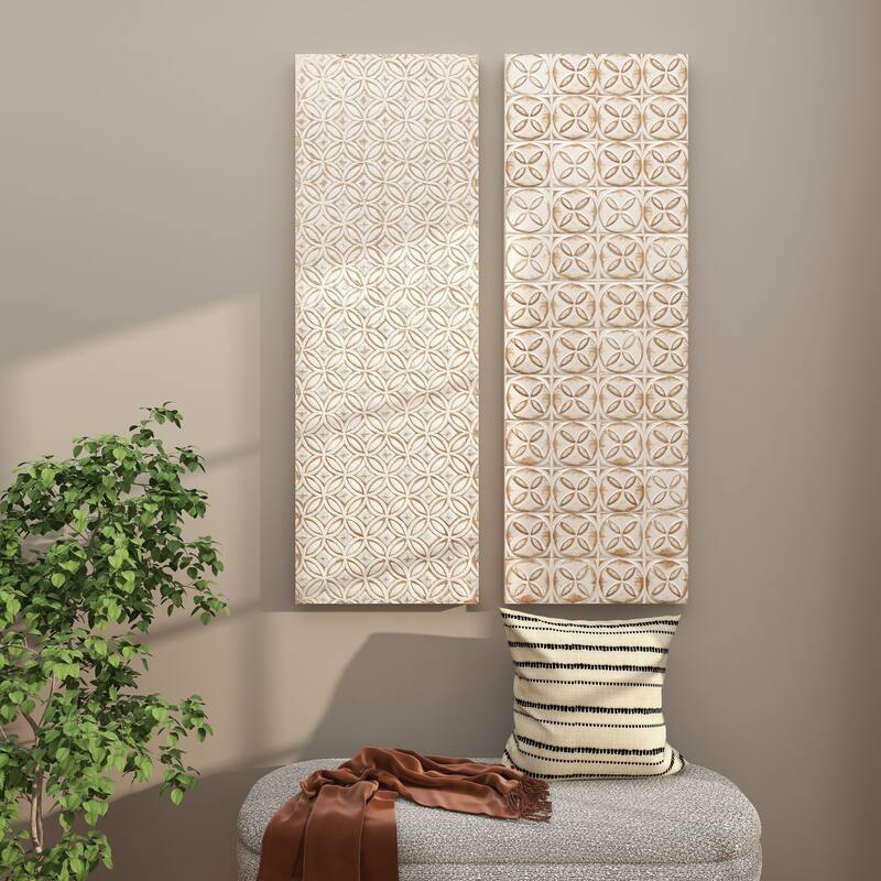 White Wooden Intricately Carved Geometric Home Wall Decor (Set of 2)