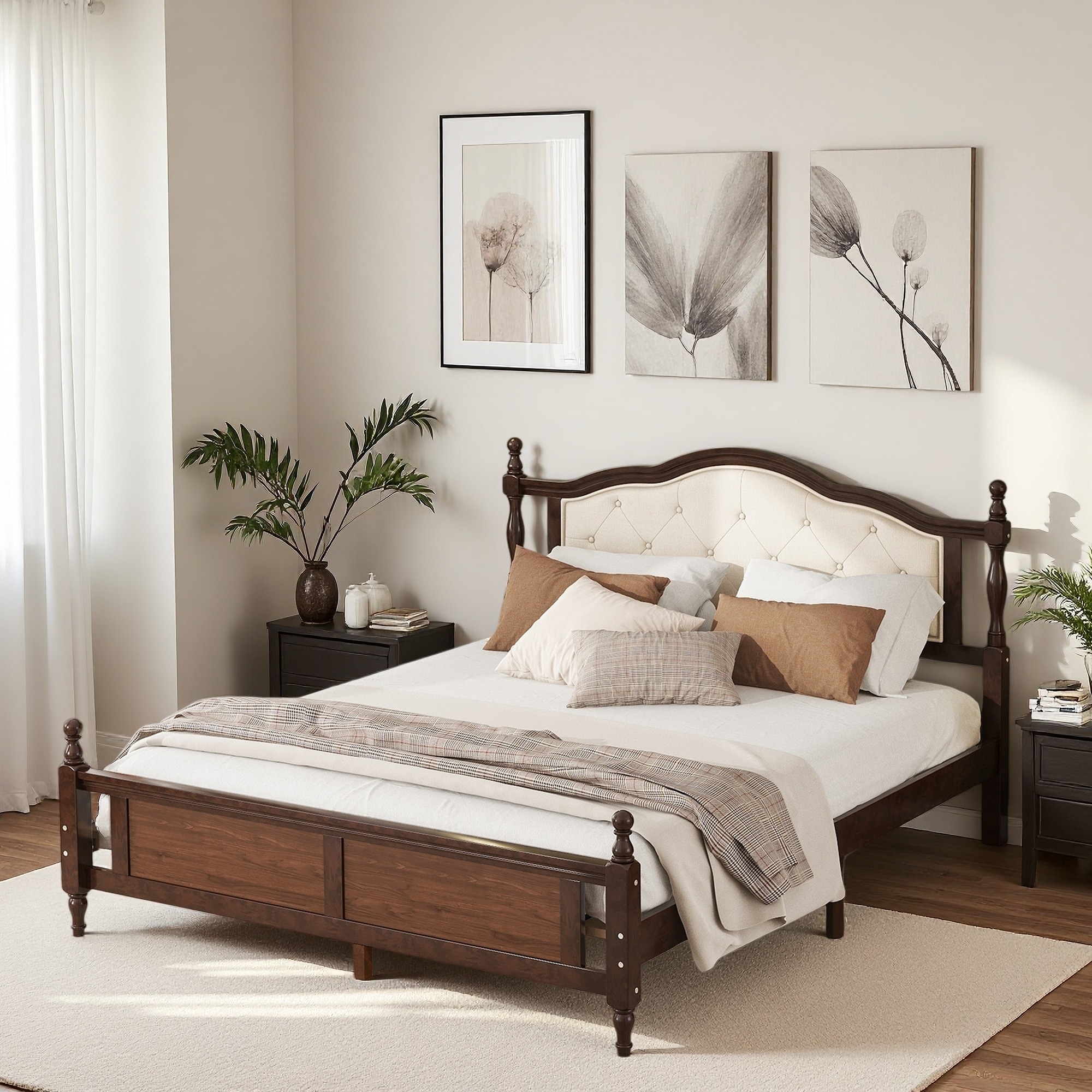 Queen Size Pine Wood Platform Bed with Upholstered Headboard, Panel Footboard, and Support Feet