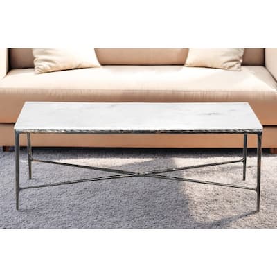 HomeRoots 28" White And Brown Genuine Marble And Aluminum Metal Coffee Table - 28' X '18' X '52