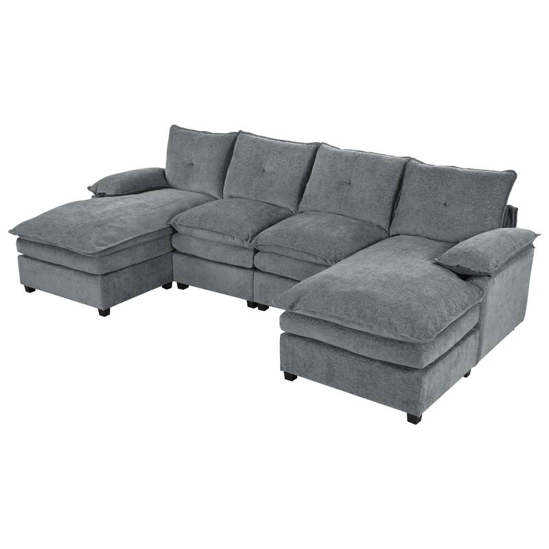 U-Shaped Sectional Sofa, Chenille Fabric Cloud Sofa, 6 Seater Sofa with Adjustable Armrest Pillow for Living Rooms, Office
