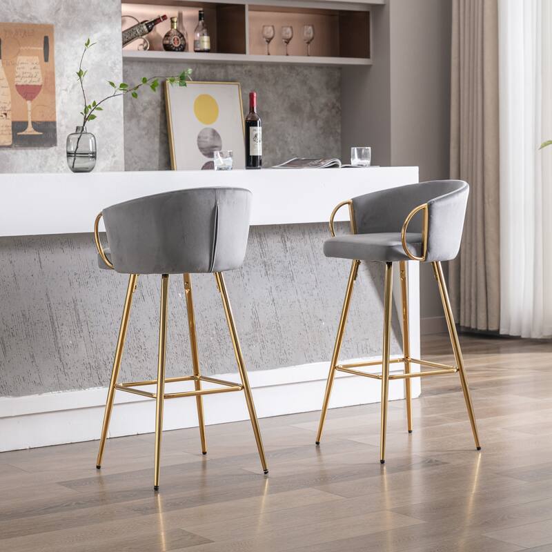 26 Inch Set of 2 Bar Stools,with Chrome Footrest and Base Velvet + Golden Leg Simple Bar Stool
