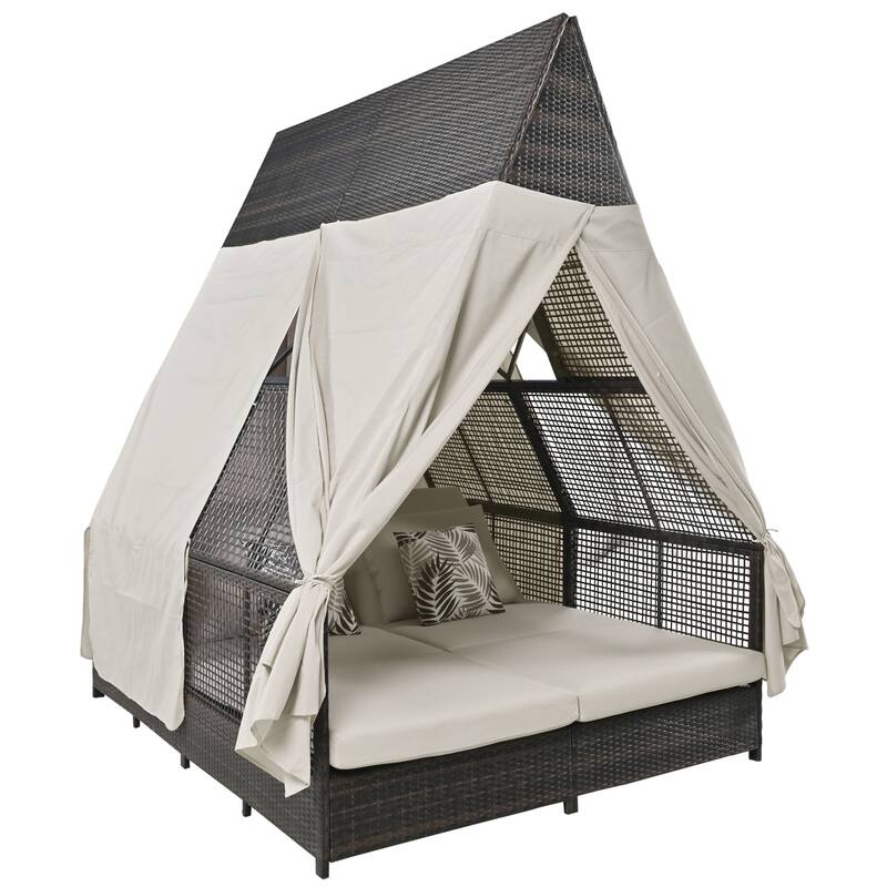 Outdoor Patio Rattan Daybed Sunbed with Triangle Tent, Adjustable Backrest, and Curtains