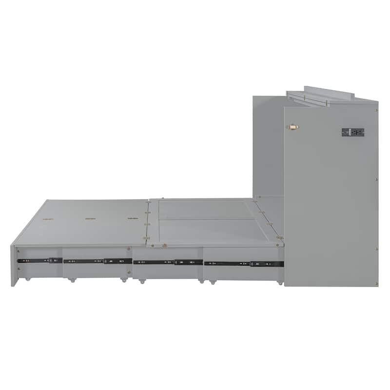 Queen Size Murphy Bed with Pulley System, Storage Drawer, USB Ports, and Sockets, Space-Saving