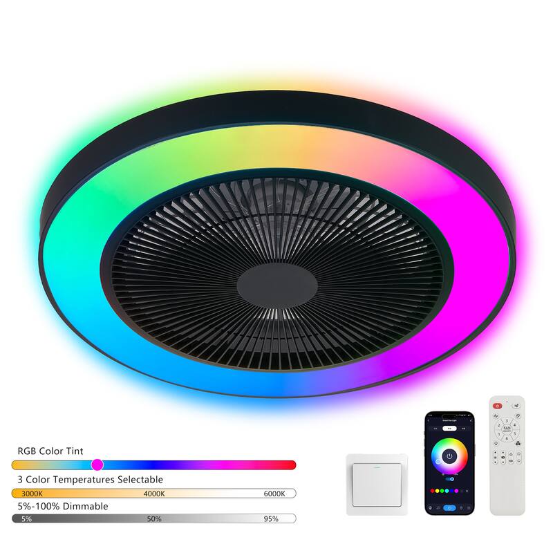 RGB Ceiling Fan Lights, Modern Flush Mount Ceiling Fan, 6-Speed Reversible DC Motor Ceiling Fan