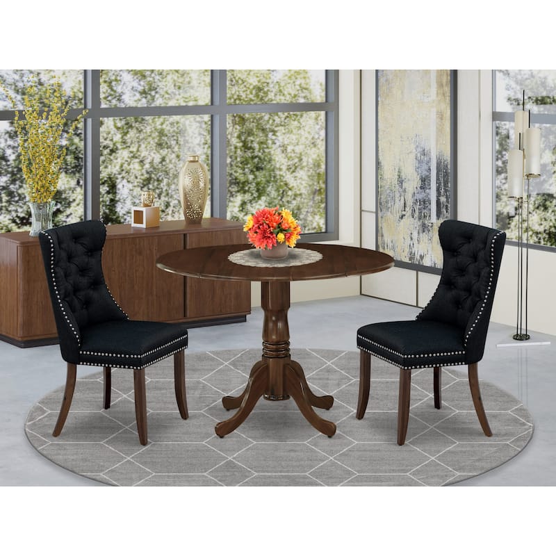 East West Furniture Kitchen Table Set Includes a Round Dining Table and 2 Upholstered Chairs, Antique Walnut (Finish Options) - DLDA3-AWA-24