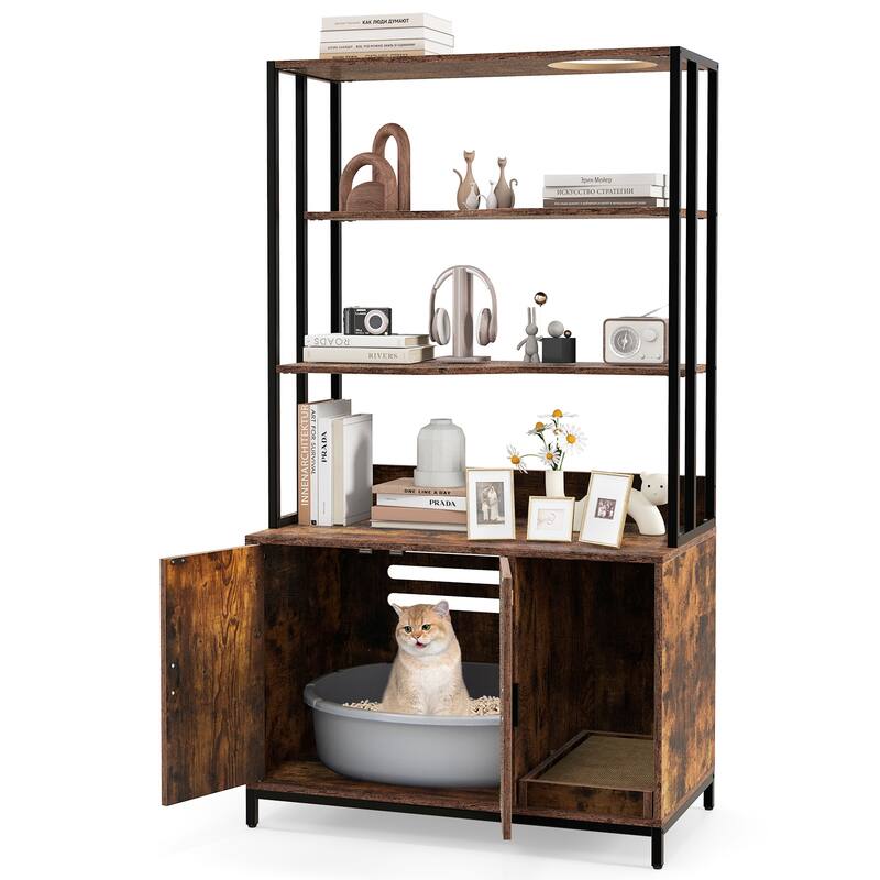 Cat Litter Box Cabinet with Storage Space & 3-Tier Shelves, Modern Design - 33.5" x 18" x 61"
