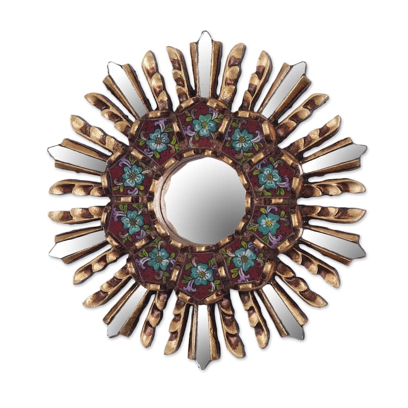 NOVICA Handmade Asasaawa Wood And Cotton Wall Mirror (Ghana) - 2.0 " W x 2.0" H - Burgundy