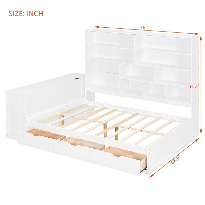 Full Size Wooden Daybed with Built In Desk, Charging Station, Versatile LED Platform Sofa Bed Frame