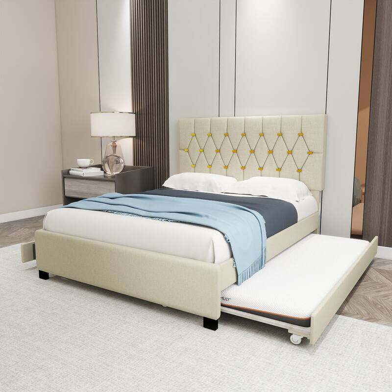 Queen Size Upholstered Bed Frame with Tufted Headboard, Velvet Fabric Platform Bed Frame with 2 Drawers and Twin XL Trundle - Beige - Queen