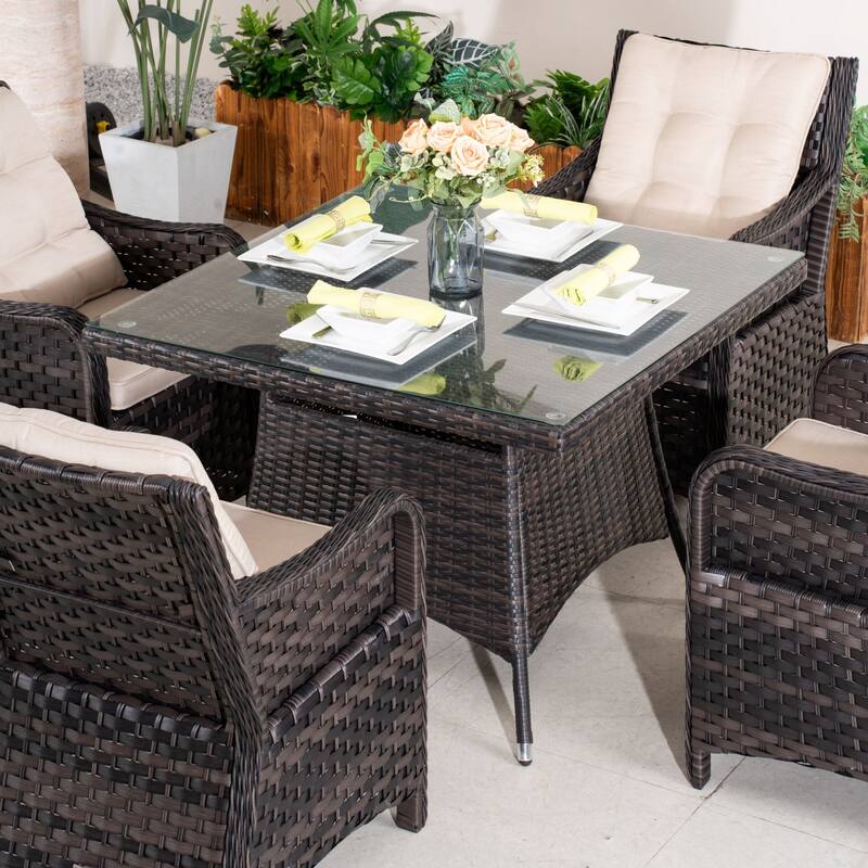 5-piece Outdoor Dining Set - PE Wicker Chairs & Tempered Glass Table