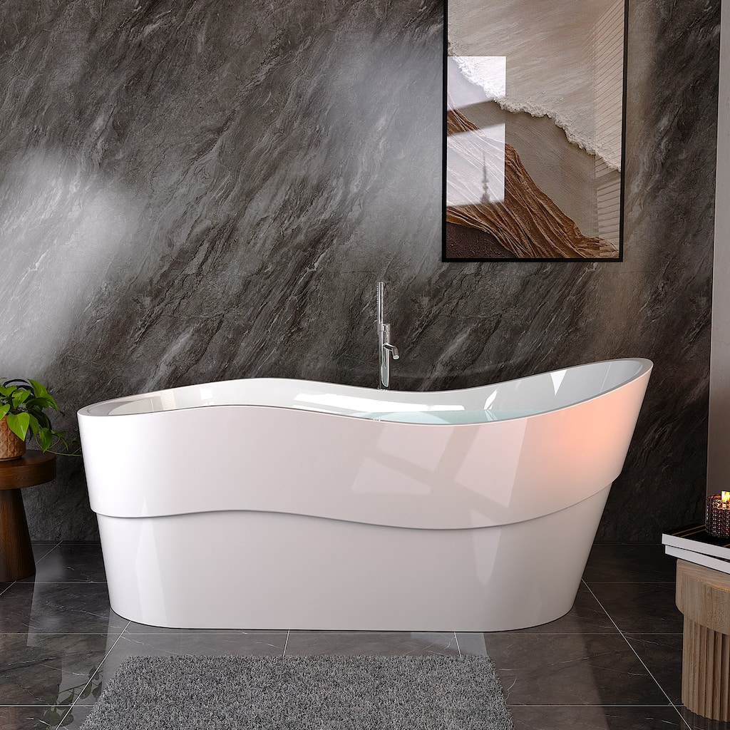 Empava 67 in. x 29.5 in. Freestanding Flat Bottom Bath Tub Soaking Bathtub with Left Drain in White