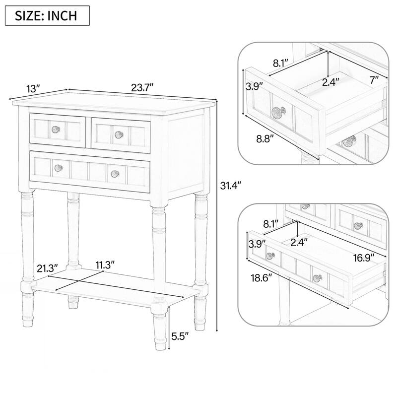 Narrow Console Table, Slim Sofa Table with Three Storage Drawers and Bottom Shelf