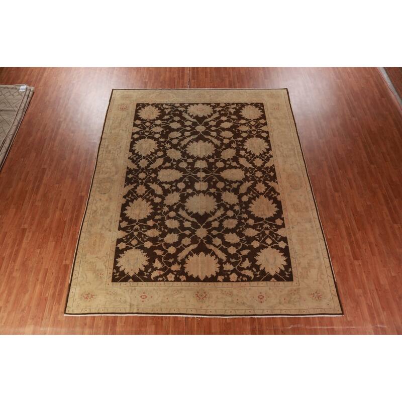 Vegetable Dye Brown Floral Oushak Turkish Rug Hand-Knotted Wool Carpet - 10'4"x 12'9"