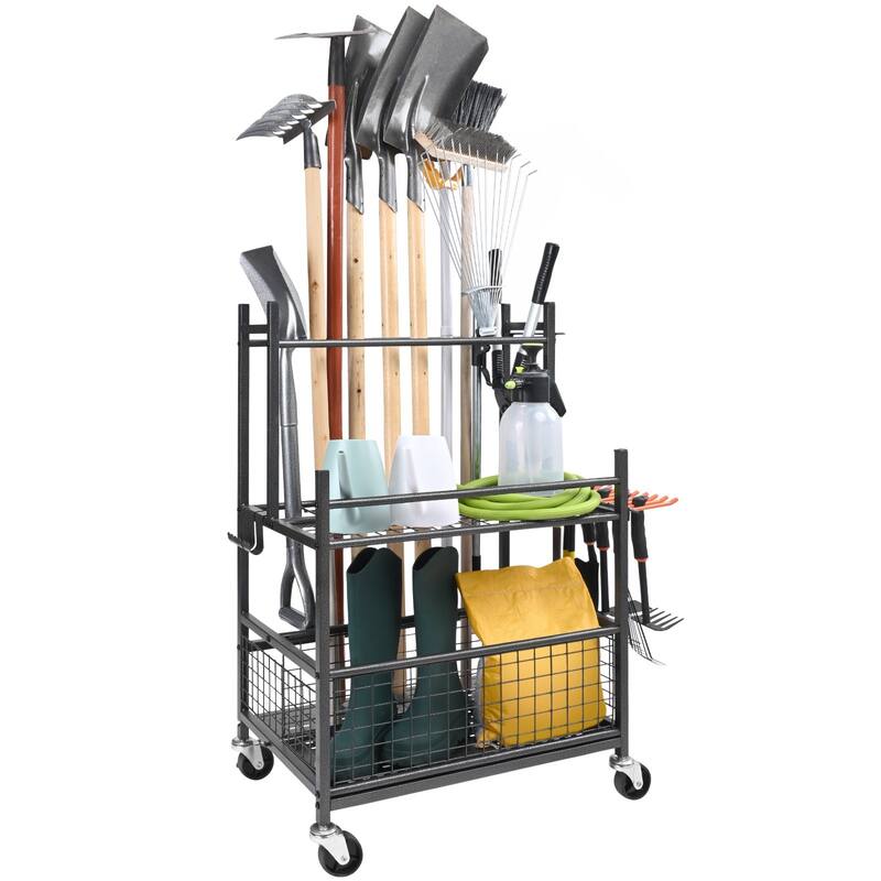 16 Slots Garden Tower Tool Organizer Rack with 5 Movable Hooks and Lockable Swivel Wheels - 25.66 x 15.86 x 38.5 in
