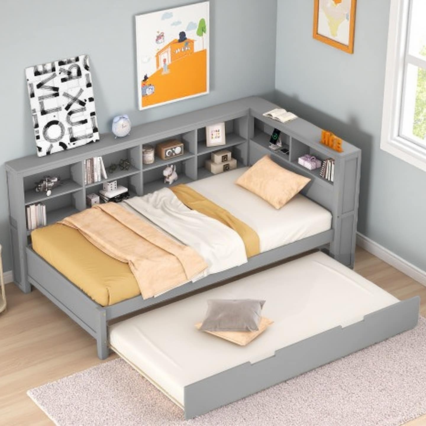 Twin Size Wooden DayBed with Pull-Out Trundle, Storage Shelves, and USB Charging Station, Pine Wood Frame