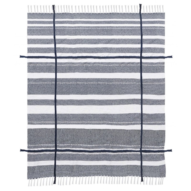 50" X 60" Blue and White Kantha Cotton Striped Throw Blanket with Embroidery