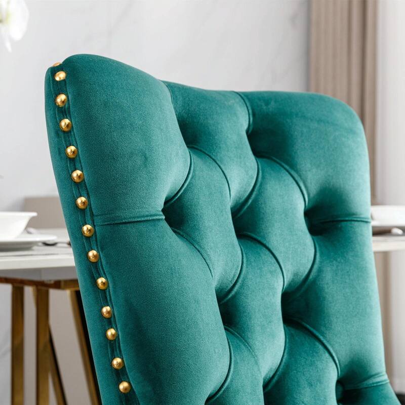 Tufted Velvet Dining Chairs - Solid Wood - Golden Stainless Steel Legs - Nailhead Trim - Set of 2