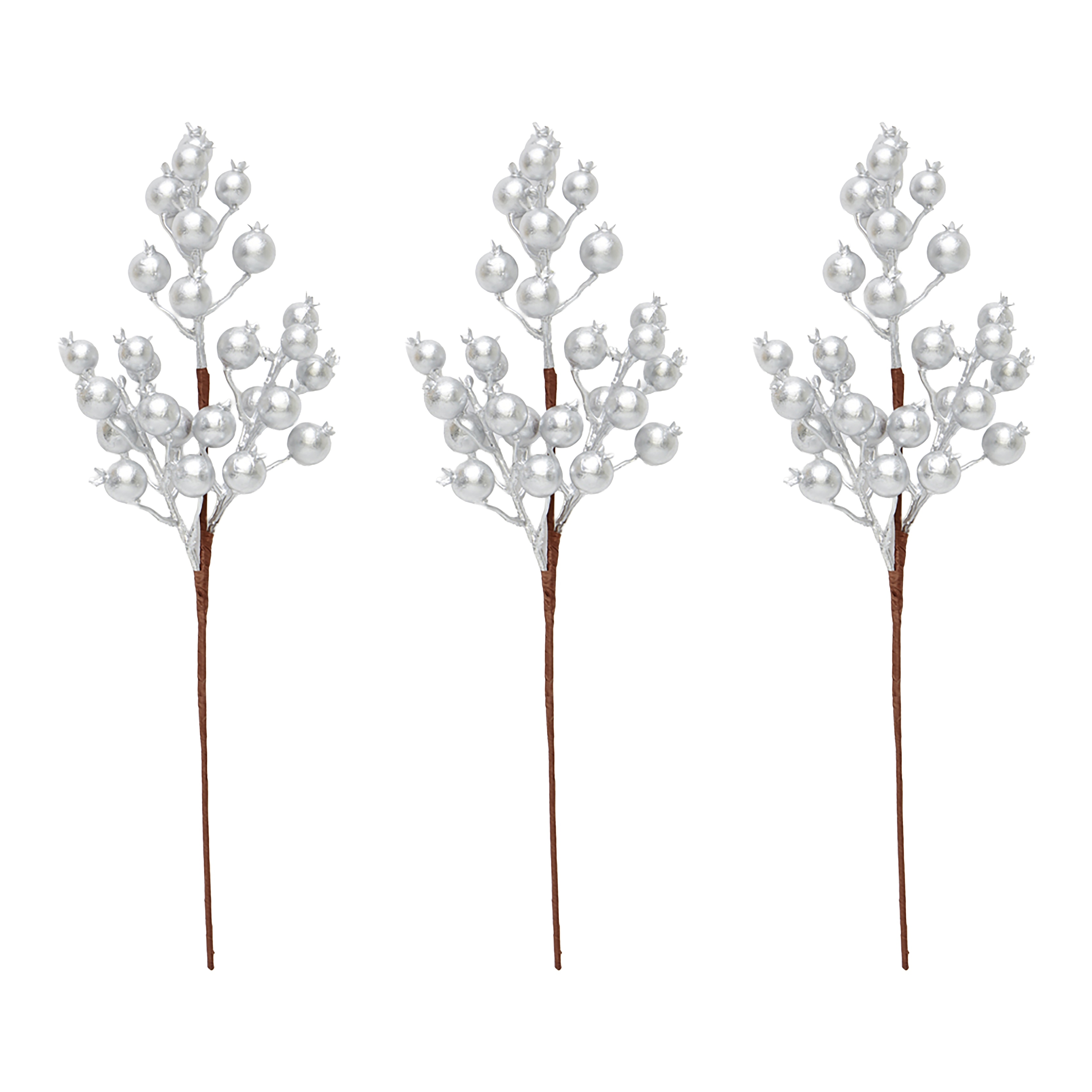 18" Artificial Holly Berry For Christmas Spray, Silver, Set of 3 - 18