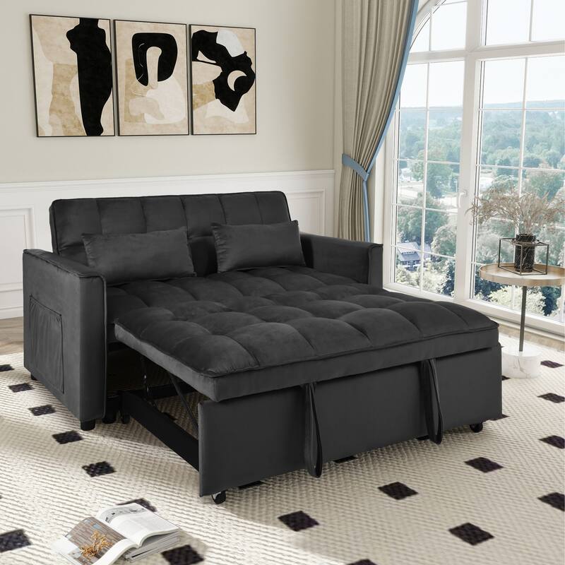 Futon 3 in 1 Convertible Sleeper Sofa Bed, Velvet Loveseat with Adjustable Back, Lounge Sofa with Pockets and Toss Pillows - Black
