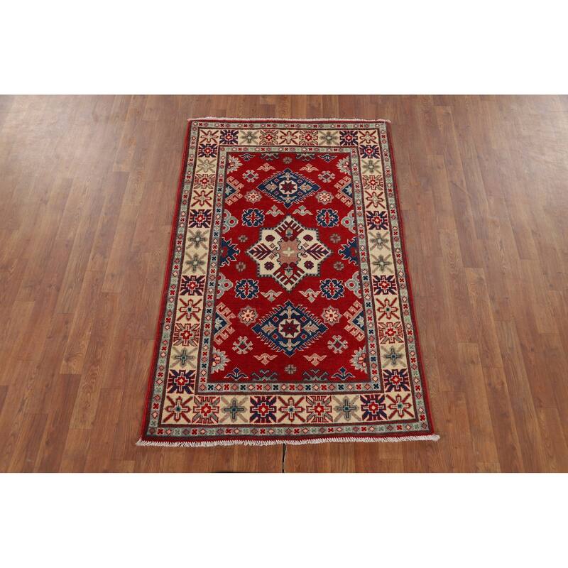 Geometric Red Kazak Accent Rug Handmade Wool Carpet - 3'4" x 5'3"