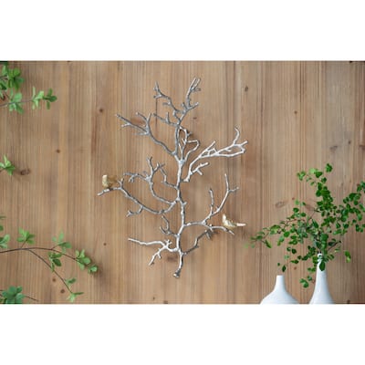 Modern Metal Branch Wall Decor Set of 2 with Bird Accents, for Living Room Office and Entryway Decor