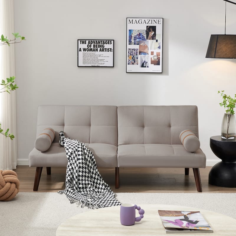 Convertible Sofa Bed Futon with Solid Wood Legs Linen Fabric