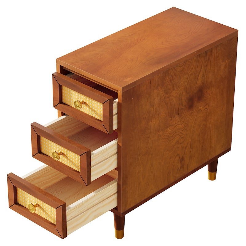 Solid Wood End Table with 3 Rattan Drawers, Narrow Slim Nightstand