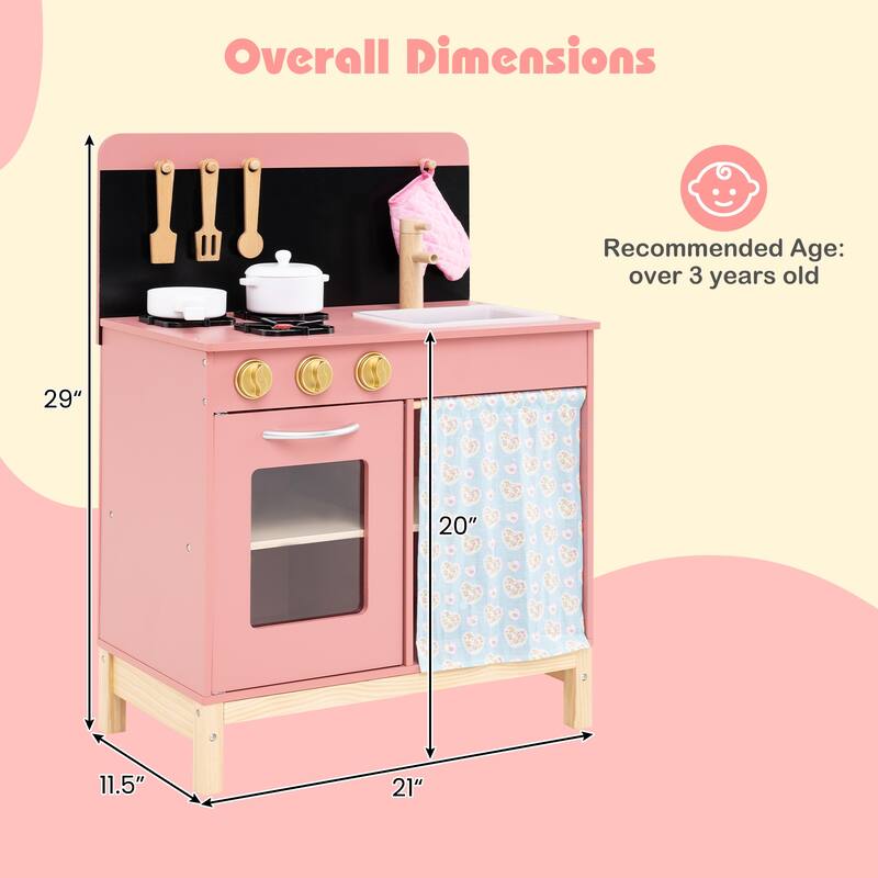 Gymax Play Kitchen for Kids w/ Door Curtain Stoves Sink & Oven