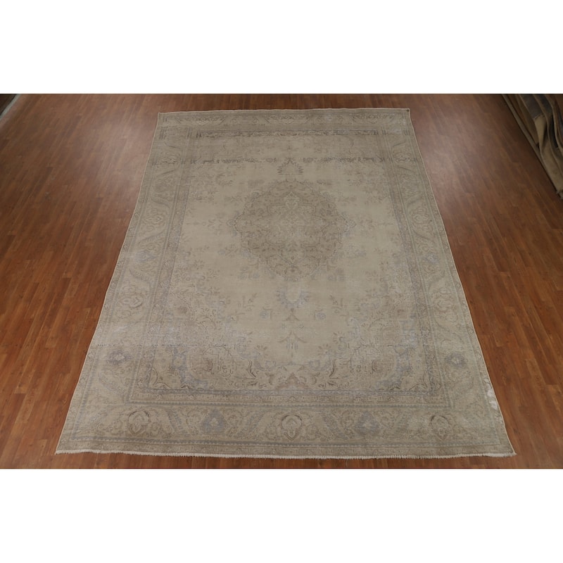 Tabriz Persian Vintage Rug Hand-Knotted Beige Geometric Wool Carpet - 9'2"x 13'0"